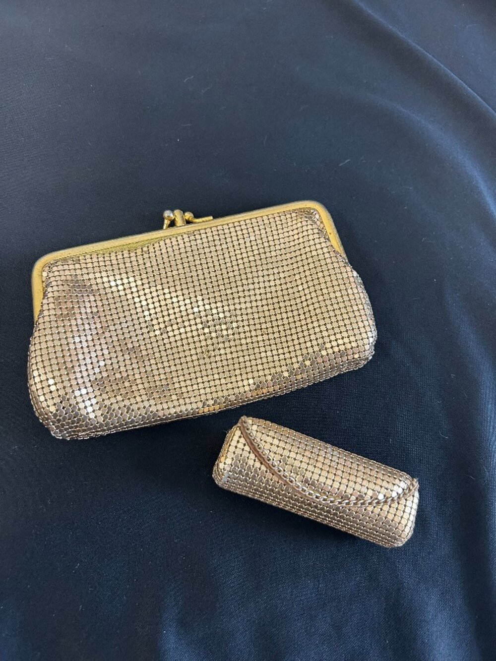 Bueno Vintage 80s Gold Mesh Clutch Evening Bag with Matching Lipstick Case